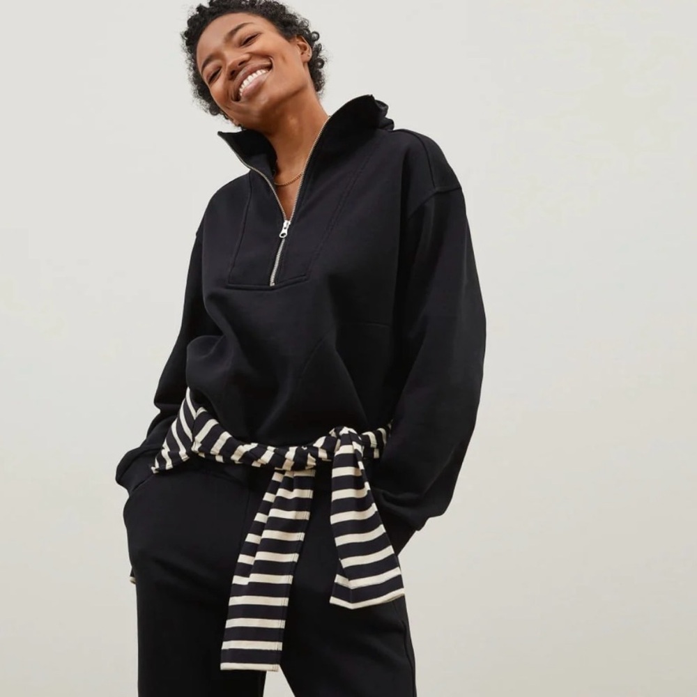 Everlane The Track Half Zip Pullover Sweatshirt, Organic Cotton, Black, XS